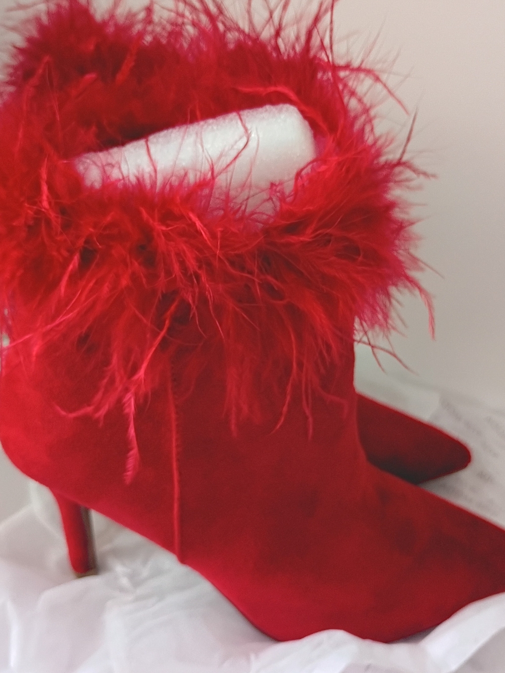 Top Moda Red Feather Trim Pointed Toe Ankle Boots - Women